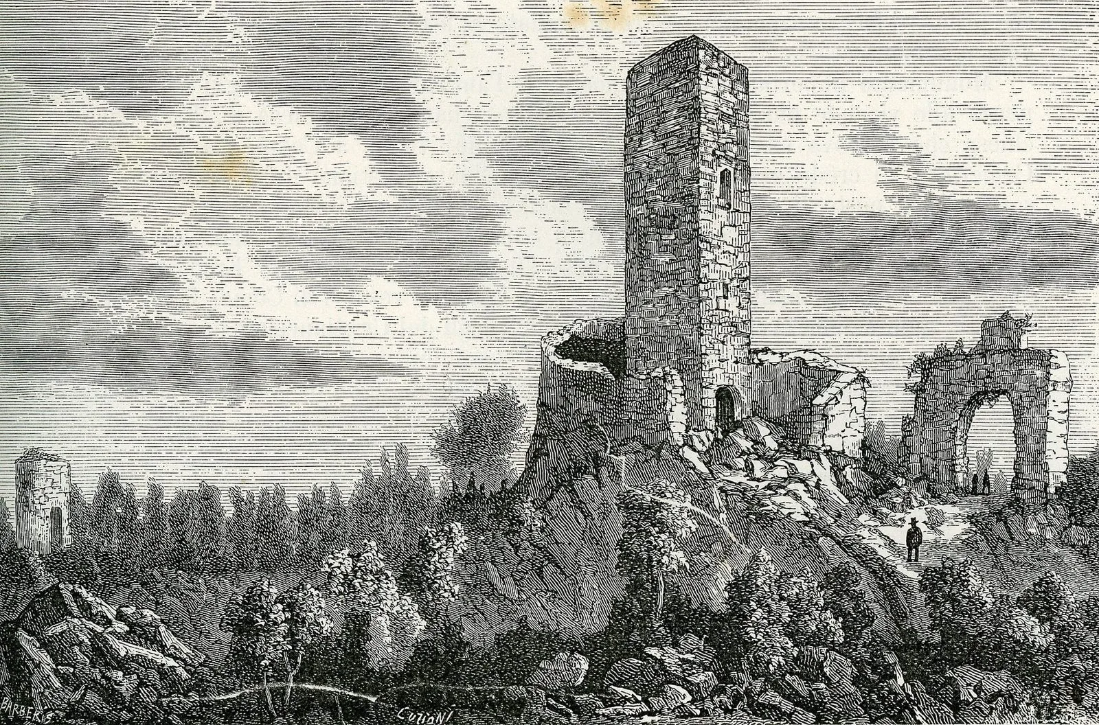 Antica xilografia del Castello Baradello con la torre medievale sul colle sopra Como